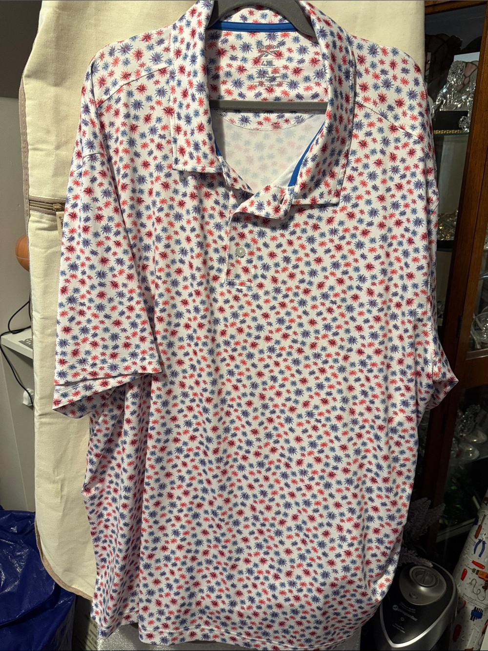 Reebok White Polo with Red & Blue Starburst Print